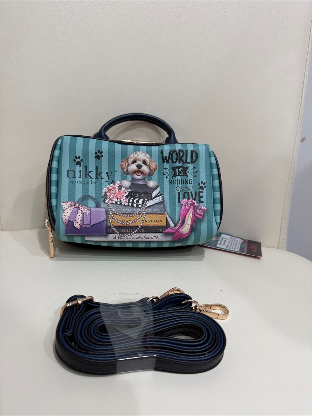 Nicole Lee Teal Striped Pet-Print Crossbody Bag